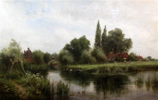 Henry John Kinnaird (1861-1920) Ducks on a river with cottages and harvesters beyond 30 x 48in.